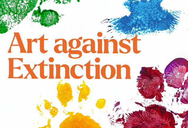 Pawprint paint splodges on white background. Orange text reads 'Art against Extinction'